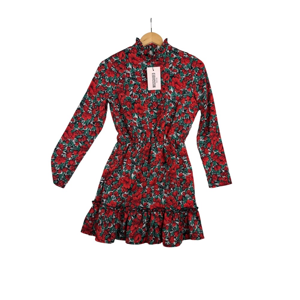New Missguided Floral Print High Neck Long Sleeve Mini Dress size 0 Red/Green